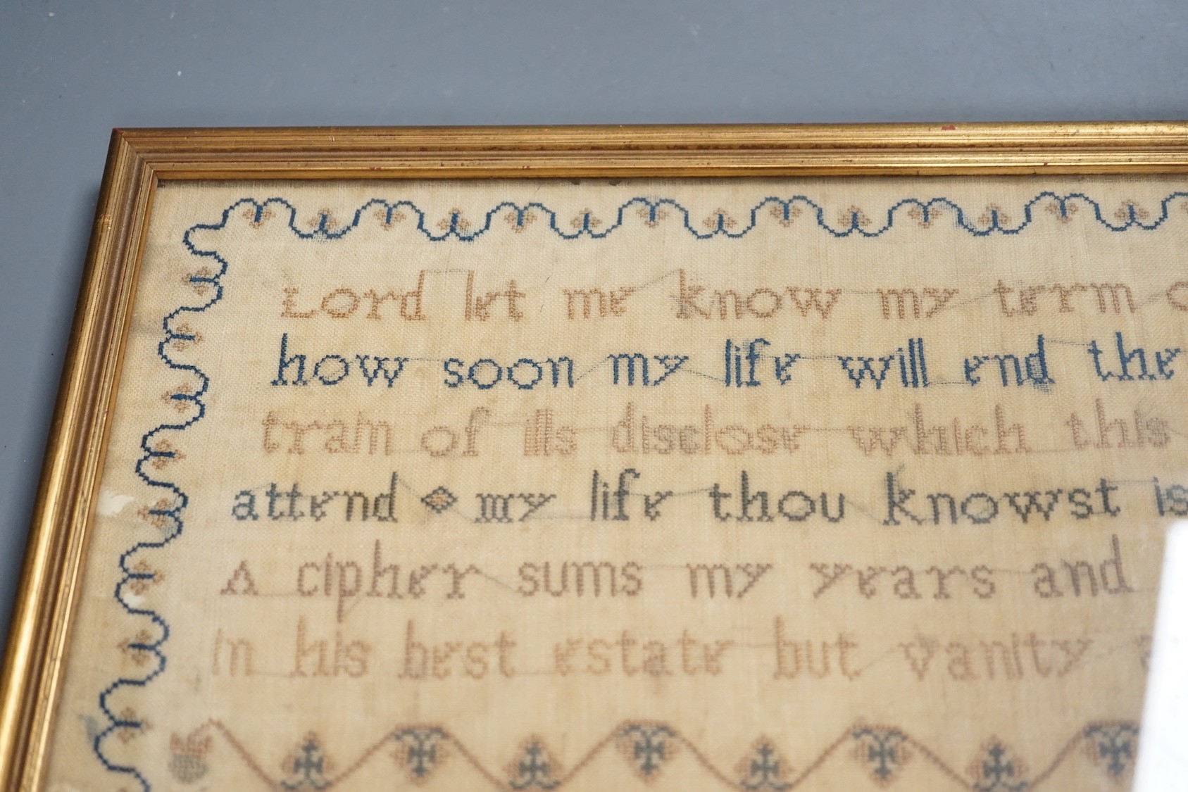 A framed Victorian sampler, worked by Susan Knight 1847, 41 x 31cm
